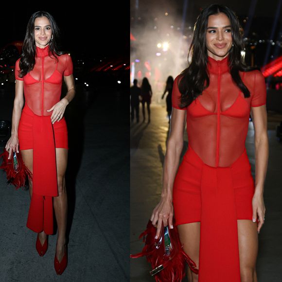 Look vermelho fatal de Bruna Marquezine em festa de promoter ultrapassa R$ 250 mil: o preço da pareô minissaia, bolsa com plumas e mais!