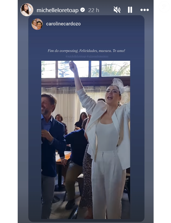 No cabelo, Michelle Loreto apostou em um acessório preso no coque, no alto da cabeça, dispensando o véu.