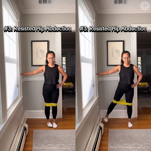 Neste terceiro exercício, a fisioterapeuta trabalhou a parte da abdução do quadril com resistência, usando a faixa elástica como auxílio.
