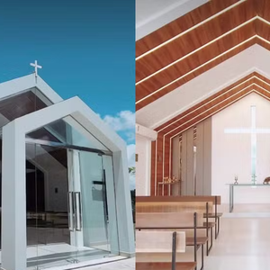 A capela da mansão do jogador tem um design moderno e minimalista, com fachada de vidro que permite a entrada de luz natural e um telhado triangular de linhas retas.