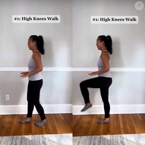O primeiro exercício sugerido pela instrutora é a elevação de joelhos na caminhada, melhorando os músculos flexores do quadril.