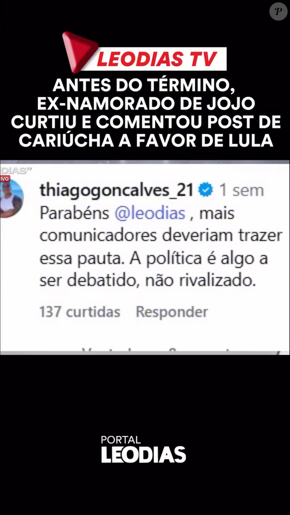 Thiago Gonçalves comentou a publicação de Leo Dias com elogios ao discurso: ‘Mais comunicadores deveriam trazer essa pauta. A política é algo a ser debatido, não rivalizado’