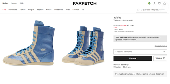 Enquanto uma alternativa da Adidas aparece na Farfetch por R$ 1.196
