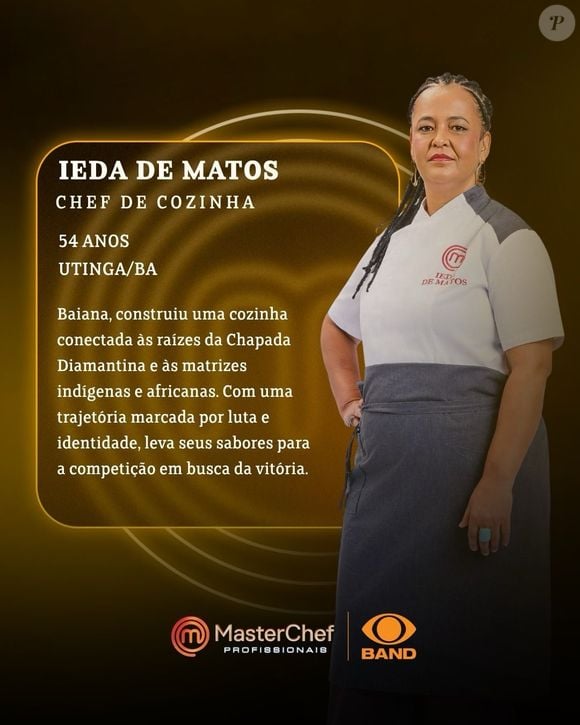 Em entrevista à Band, Ieda de Matos comentou sobre sua participação no 'MasterChef Profissionais': "Eu sou uma pessoa que nasci na caatinga. Quantas mulheres sonham em chegar neste lugar? Quantas cozinheiras eu conheço, maravilhosas, que não têm oportunidade de chegar? Eu estou representando essas mulheres. Eu não estou aqui sozinha, eu vim com elas"