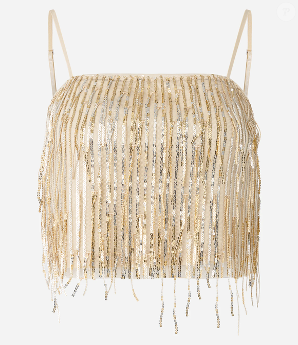 Top de Alça com Franjas de Paetês Metalizados, por R$ 39,90: Brilho e impacto visual definem o top dourado que parece saído diretamente do figurino de palco da cantora