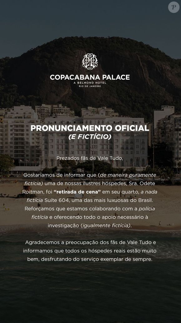 Copacabana Palace: ‘Reforçamos que estamos colaborando com a polícia fictícia e oferecendo todo o apoio necessário à investigação (igualmente fictícia)’