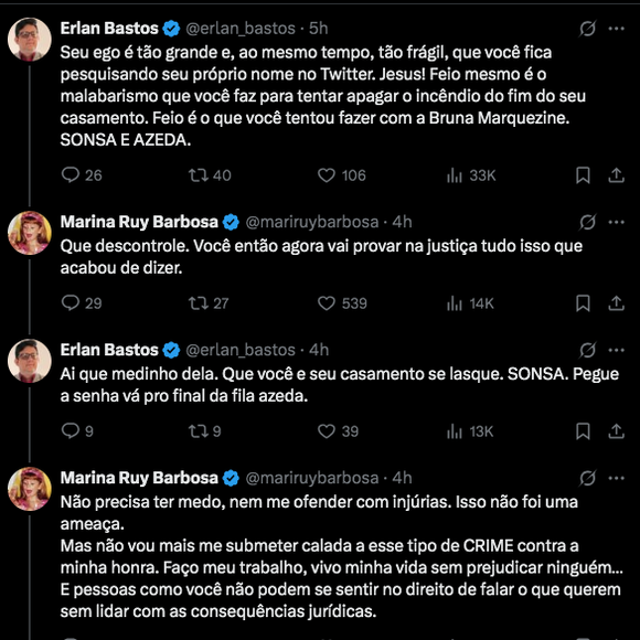 Em determinado momento da discussão, Marina Ruy Barbosa revelou que irá processar Erlan Bastos