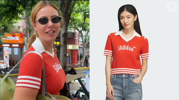 Além da jaqueta, também foi identificado outro item da Adidas no guarda-roupa da atriz durante a viagem: a OG W Jersey, uma camisa de malha slim da marca vendida por HK$ 527, cerca de R$ 346,63