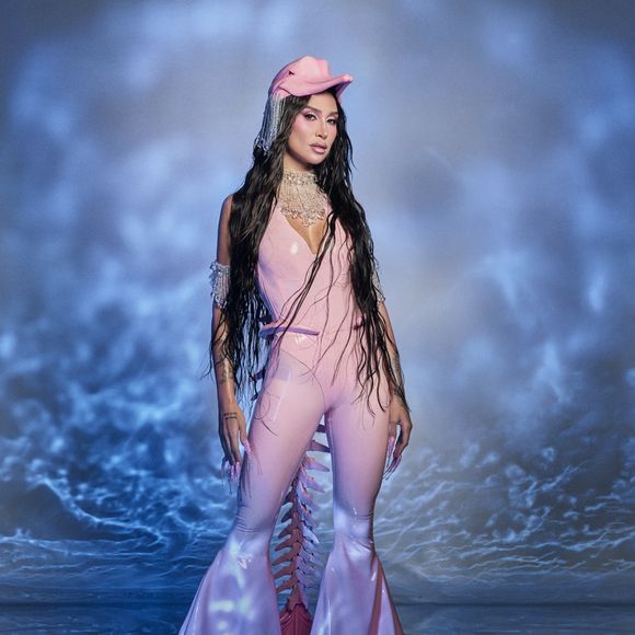Bianca Andrade aposta em look inspirado no Boto-Cor-de-Rosa e veste um macacão justo rosa claro de acabamento vinílico e pernas em formato boca de sino flutuante. O destaque da peça é uma estrutura dorsal que simula a espinha dorsal e a cauda de um peixe ou sereia nas costas, complementada por colares e braçadeiras cravejadas de cristais prateados, unhas compridas decoradas e chapéu combinando