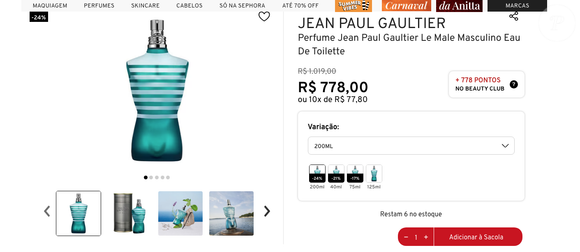 Perfume Le Male pode ser encontrado em diversos tamanhos e valores até R$ 778
