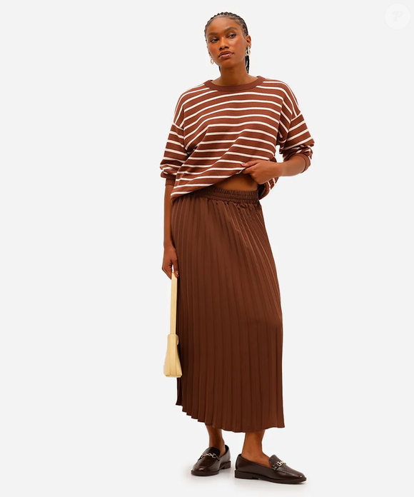 Saia midi marrom pliassada, C&A, R$ 99,99