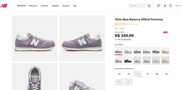 O Tênis New Balance 500v2 Feminino custa R$ 349,99 no site oficial, com parcelamento em 12 vezes de R$ 29,16, até o fechamento da matéria