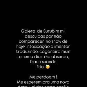 Gusttavo Lima disse ter tido 'caganeira' depois de cancelar show pela segunda vez