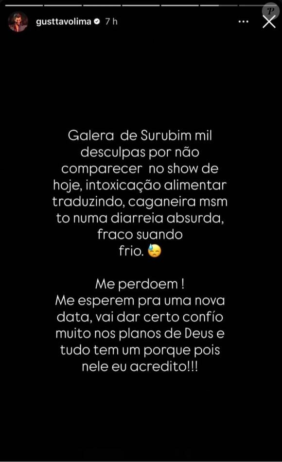 Gusttavo Lima disse ter tido 'caganeira' depois de cancelar show pela segunda vez