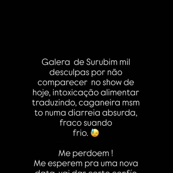 Gusttavo Lima disse ter tido 'caganeira' depois de cancelar show pela segunda vez