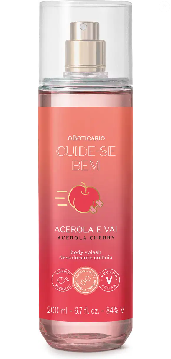 O Body Splash Desodorante Colônia Cuide-se Bem Acerola e Vai, do Boticário, tem 200 ml e preço sugerido de R$ 94,90. Com fragrância frutal cítrica, o produto combina a refrescância da acerola com cremosidade floral e notas de musk e sândalo
