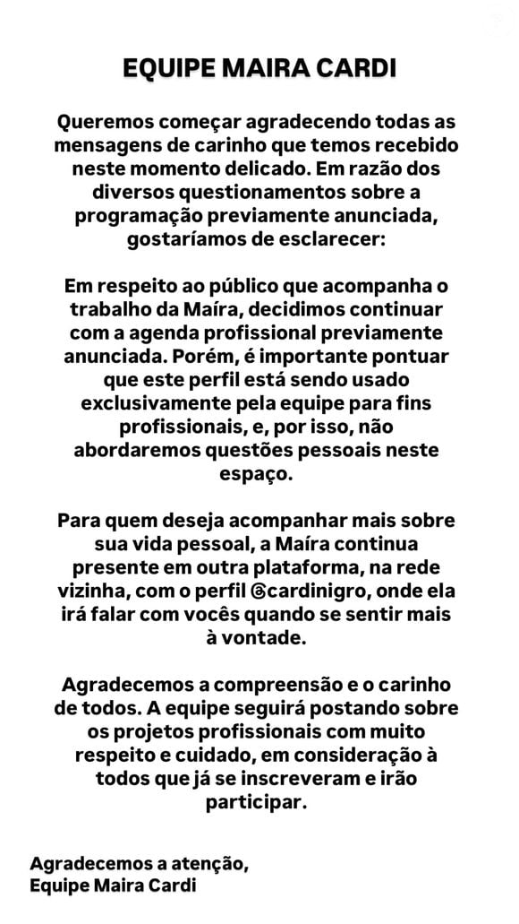 Equipe de Maira Cardi se manifestou em comunicado após influencer sofrer aborto espontâneo