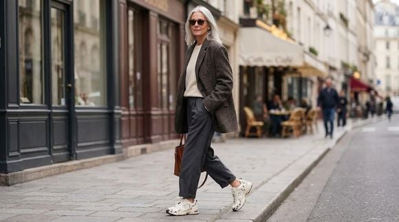 O blazer é uma alternativa interessante para combinar com os New Balance 530, já que a peça de alfaiataria cria um contraste com o desenho esportivo do calçado e permite montar uma produção que transita entre o casual e o sofisticado