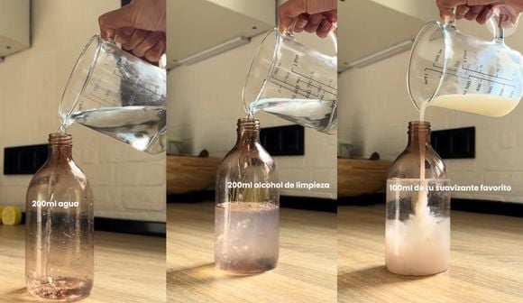 O perfil do Instagram @roverdugo5 compartilhou uma receita caseira de aromatizador: 200 ml de água, 200 ml de álcool de limpeza e 100 ml do seu amaciante de roupas favorito