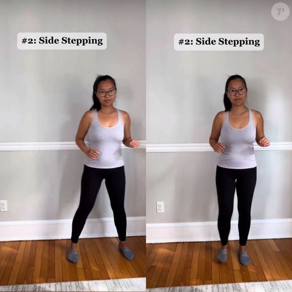 No exercício de passada ou caminhada lateral sugerido pela instrutora, o aluno vai trabalhar bastante os músculos do glúteo médio.