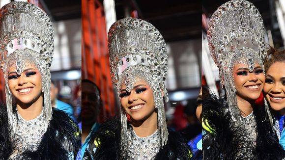 Wenny Isa desfila na Portela com fantasia com 87 mil cristais e lamenta ausência da irmã, Lexa, no Carnaval: 'Faz falta'