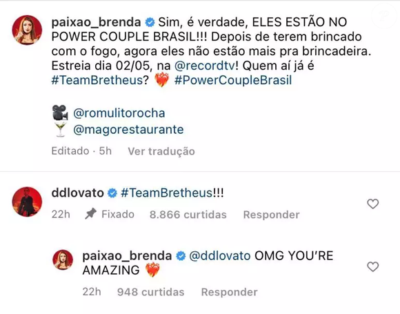 Demi Lovato mostrou torcida para Brenda e Matheus no 'Power Couple 6'