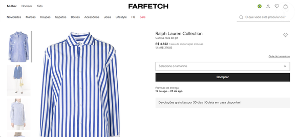 A camisa usada por Isabelle Drummond tem visual clássico e é bastante semelhante a um modelo da Ralph Lauren Collection, com risca de giz, gola clássica, mangas longas e fechamento por botões. A peça é encontrada por R$ 4.522 no site da Farfetch