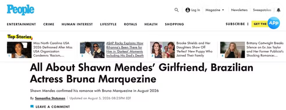 People, uma das publicações de entretenimento mais importantes dos Estados Unidos, dedicou um perfil exclusivo para apresentar Bruna aos leitores. Logo no início da reportagem, o veículo relembra que Shawn Mendes confirmou o romance em agosto de 2026 e explica quem é a atriz brasileira