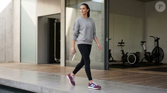 O New Balance 327 vinho pode ser usado com leggings pretas e moletom cinza, combinação que deixa o tênis como protagonista de uma produção elegante e minimalista