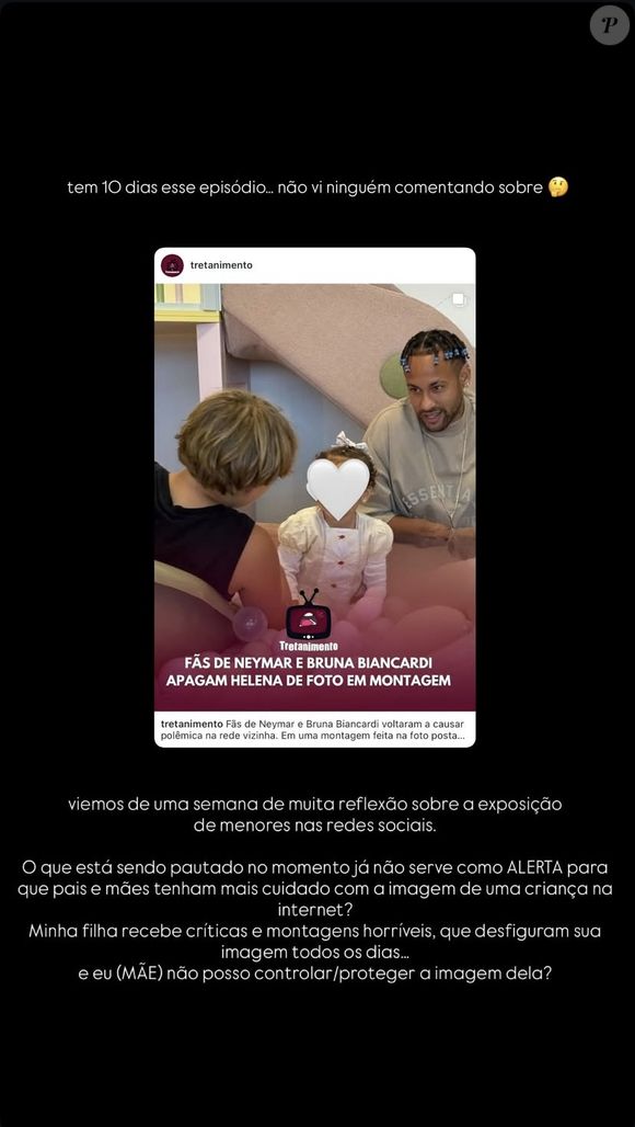 Amanda Kimberlly mostra montagem onde a filha, Helena, tem a imagem removida de encontro com Mavie e Neymar