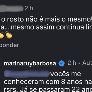 A resposta de Marina Ruy Barbosa veio de forma direta, mas com um toque de leveza e sinceridade que chamou a atenção do público. "Vocês me conheceram com 8 anos na tv, rsrs, Já se passaram 22 anos amor!!! Claro que eu mudei.", rebateu a artista