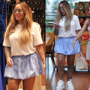 De camiseta e saia balonê, Rafaella Santos combina look com bolsa grifada de R$ 67 mil para ir às compras no Rio