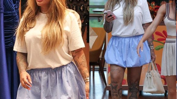 De camiseta e saia balonê, Rafaella Santos combina look com bolsa grifada de R$ 67 mil para ir às compras no Rio