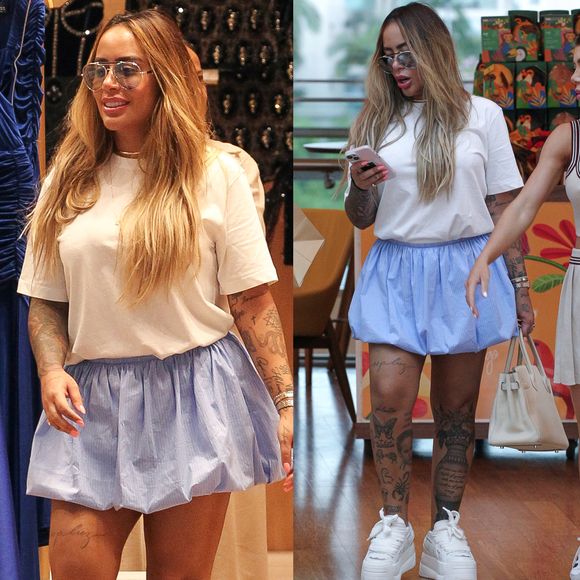 De camiseta e saia balonê, Rafaella Santos combina look com bolsa grifada de R$ 67 mil para ir às compras no Rio