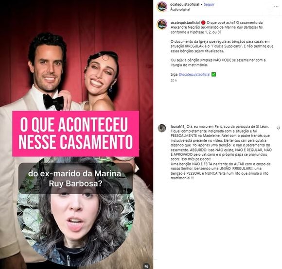 Casamento de Elisa Zarzur e Alexandre Negrão está no centro de polêmica após internauta apontar para sacramento e não mera bênção