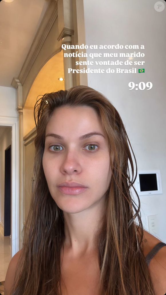 Andressa Suita apareceu sem maquiagem e com uma expressão de assustada: ‘Quando eu acordo com a notícia de que meu marido sente vontade de ser Presidente do Brasil’