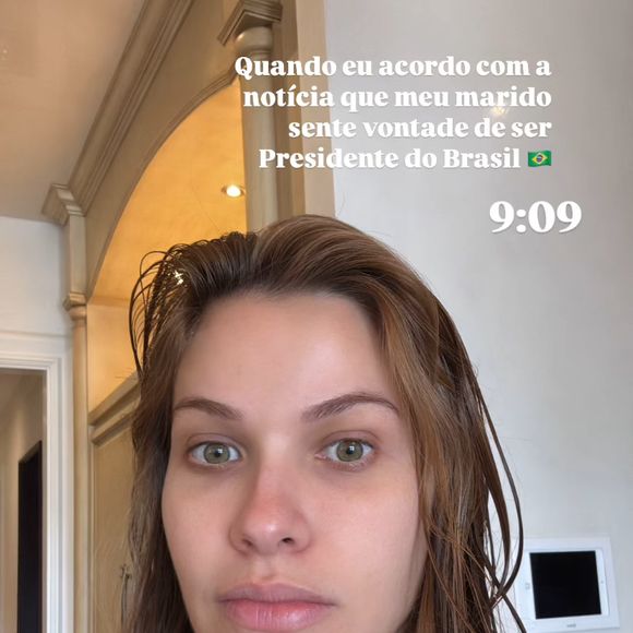 Andressa Suita apareceu sem maquiagem e com uma expressão de assustada: ‘Quando eu acordo com a notícia de que meu marido sente vontade de ser Presidente do Brasil’