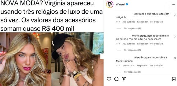Virginia Fonseca usou três relógios de luxo, sendo um deles estimado em R$ 215 mil