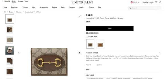 A carteira usada por Isabelle Drummond é bastante semelhante ao modelo Gucci Horsebit 1955, em canvas GG Supreme com acabamento em couro marrom. Segundo as informações fornecidas, o acessório estava disponível por US$ 611, valor informado como R$ 3.179,03