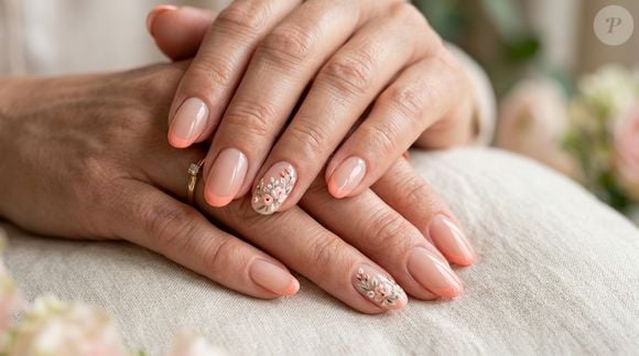 A francesinha coral recebe pequenas flores em uma das unhas e mantém a elegância do desenho clássico enquanto acrescenta um detalhe inspirado na primavera