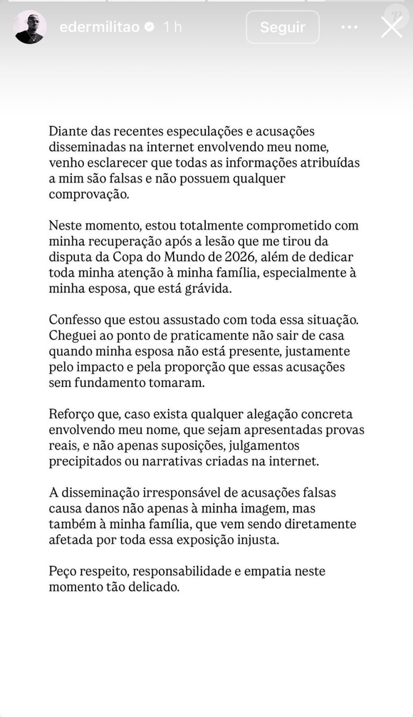 Éder Militão negou envolvimento e disse estar sendo alvo de especulações sem provas