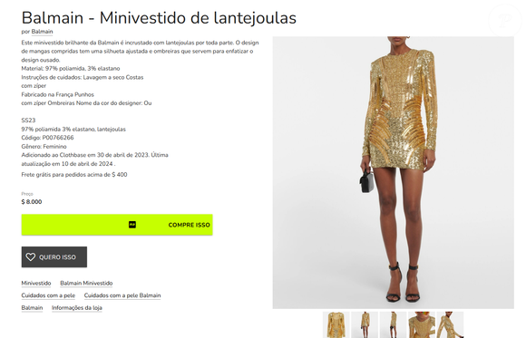 De acordo com informações do site ClothBase, o vestido de Bruna tem a composição em poliamida e em elastano.