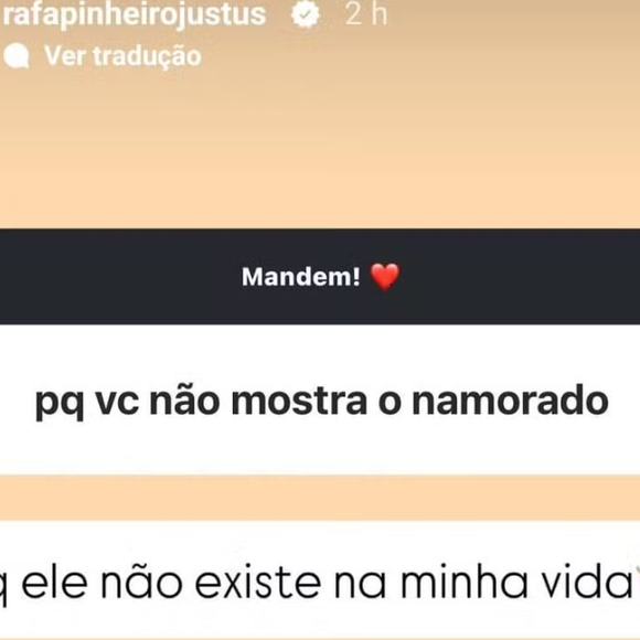 Rafaella Justus foi questionada sobre o motivo pelo qual não mostra o namorado.