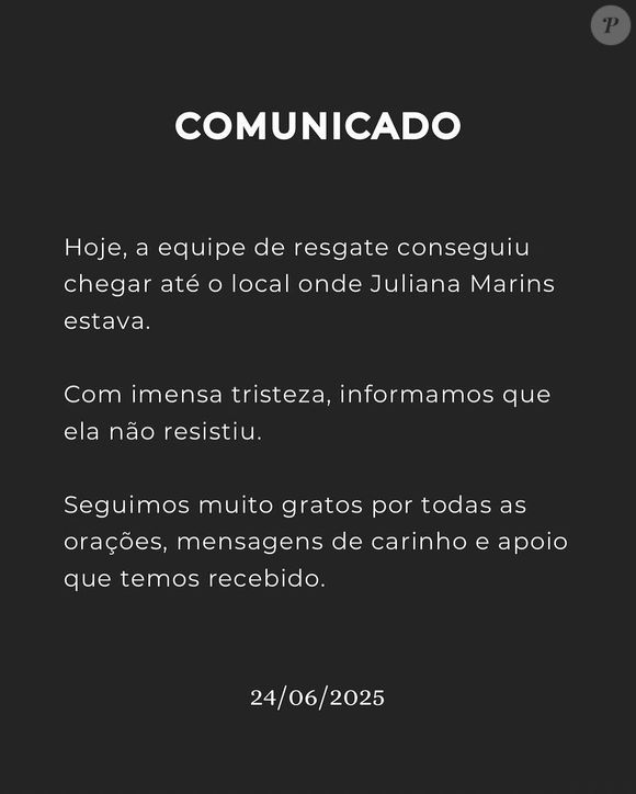 Morte de Juliana Marins: comunicado oficial do óbito da brasileira foi divulgado pelos familiares, em postagem no Instagram.