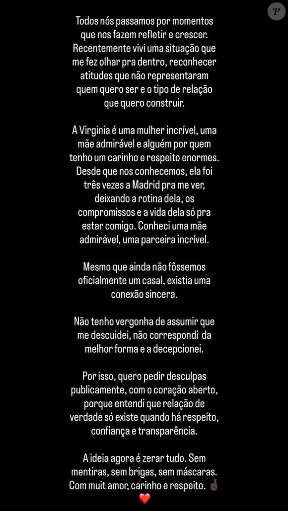 Vini Jr. pediu desculpas publicamente a Virgínia Fonseca após modelos exporem conversas íntimas com ele