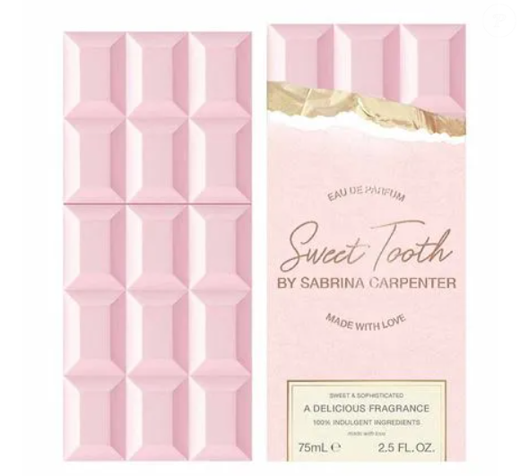O perfume Sweet Tooth da Sabrina Carpenter traz notas de chocolate, além de nuances de cacau, uma baunilha açucarada e notas de caramelo cremoso.