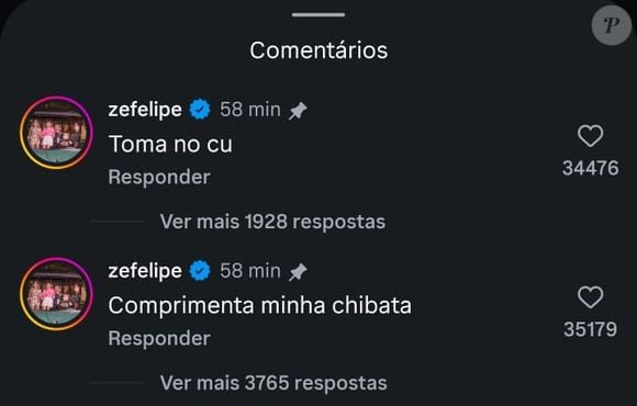 Zé Felipe deixou mensagens no Instagram da página 'Choquei', que publicou as imagens, detonando Vini Jr.