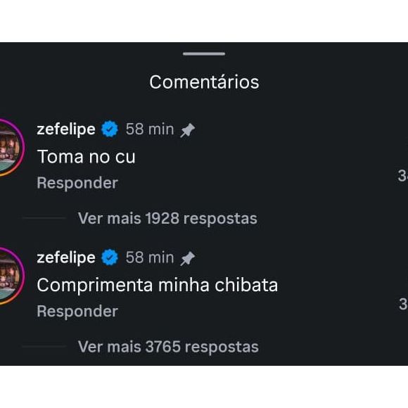 Zé Felipe deixou mensagens no Instagram da página 'Choquei', que publicou as imagens, detonando Vini Jr.