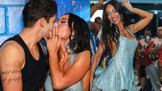 Clima de Carnaval! Sabrina Sato dá beijão de novela em Nicolas Prattes e cai no samba em ensaio da Vila Isabel