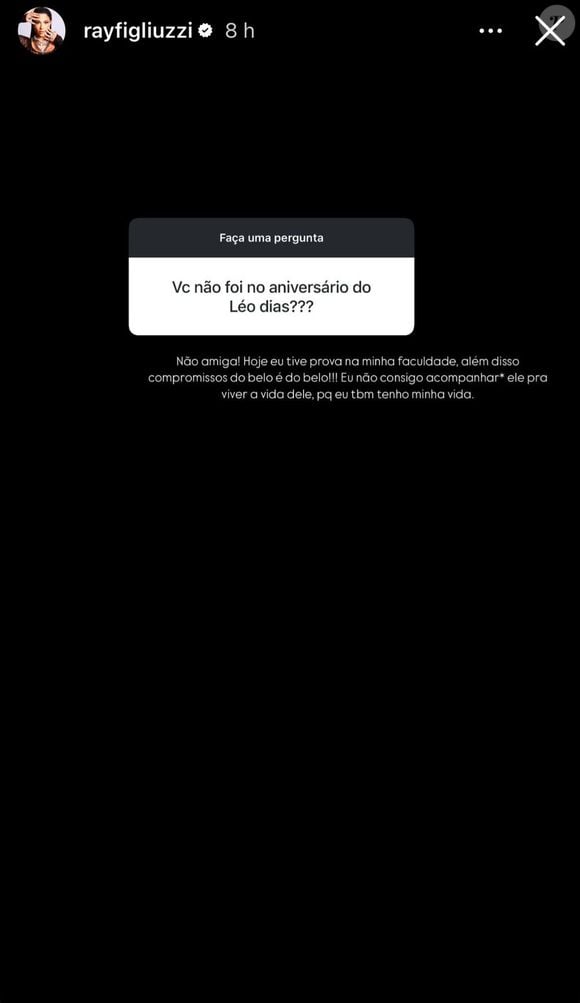 Namorada de Belo, Rayane Figliuzzi explicou o motivo pelo qual não foi à festa de Leo Dias.